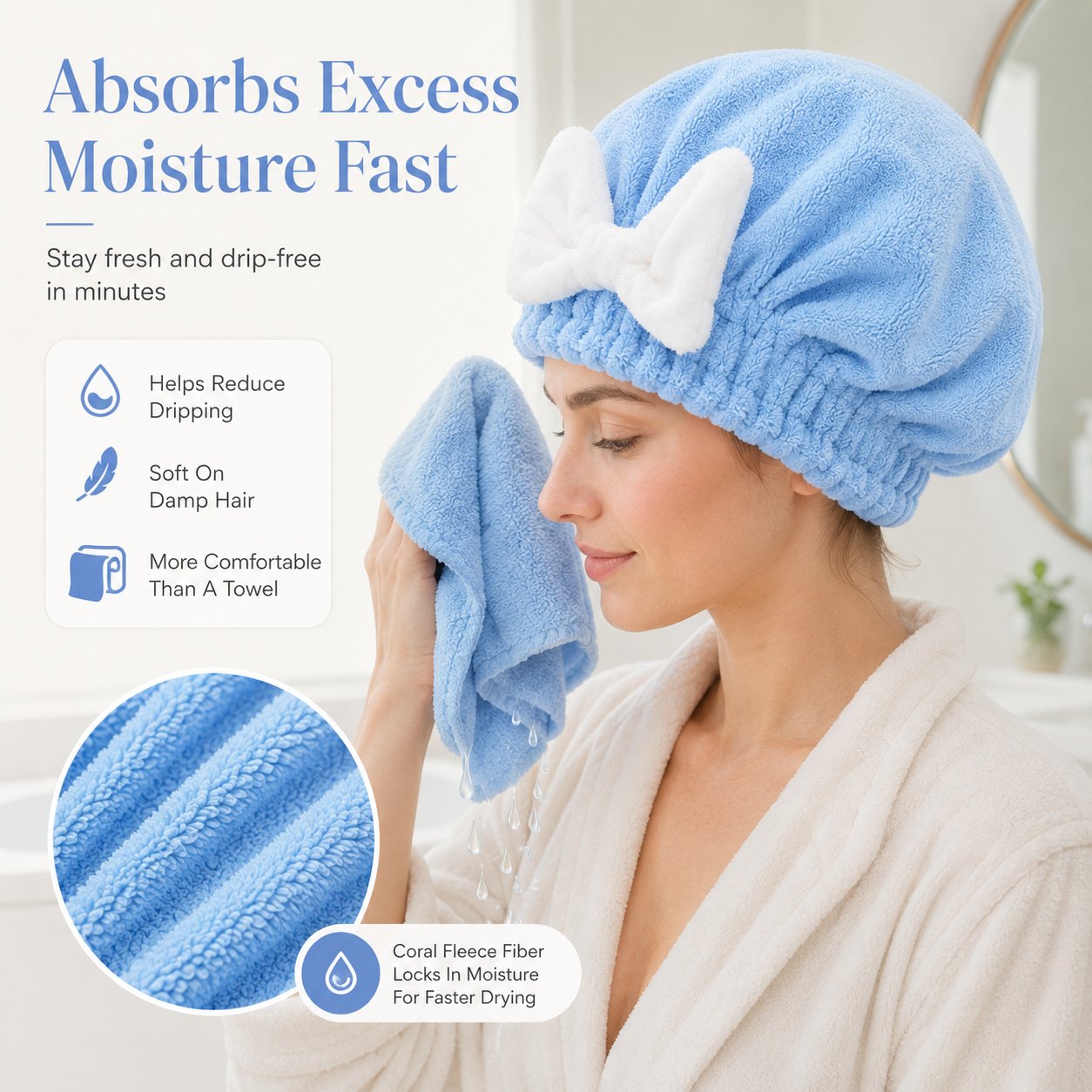 Women's Bow Decor Shower Caps & Hair Drying Cap Set, Soft Ultra-Absorbent Reusable Hair Towel Wrap, Camping & Bathroom Essential (Sports & Outdoor)