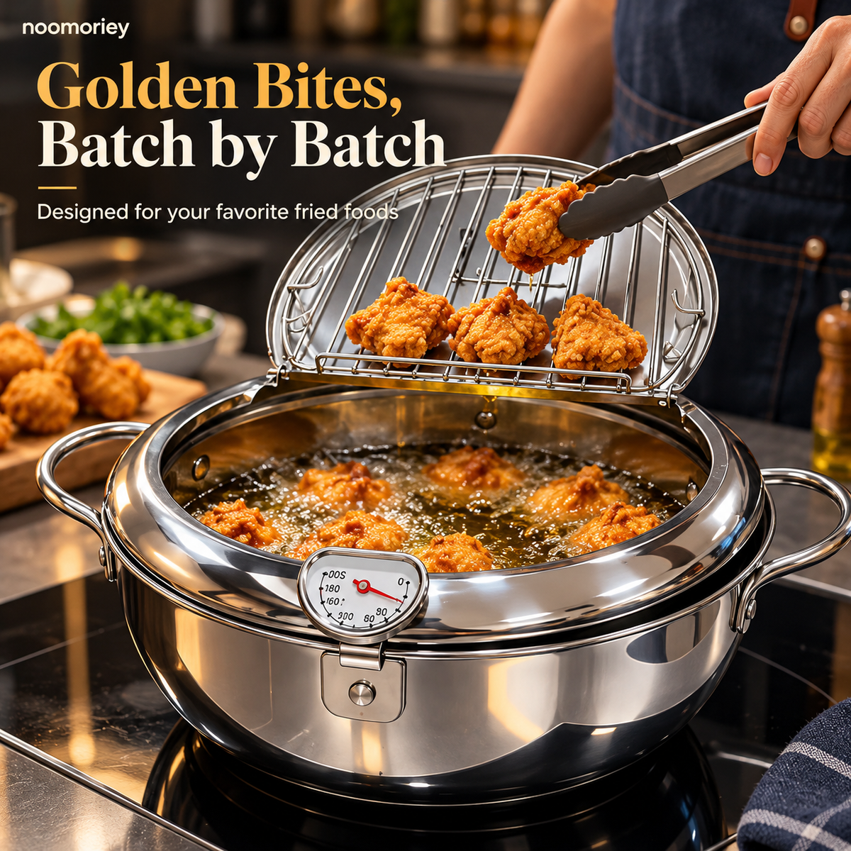 🍤 Deep Frying Pot with Thermometer & Lid Draining Rack – Dual-Handle Frying, Stir-Frying & Boiling Pot