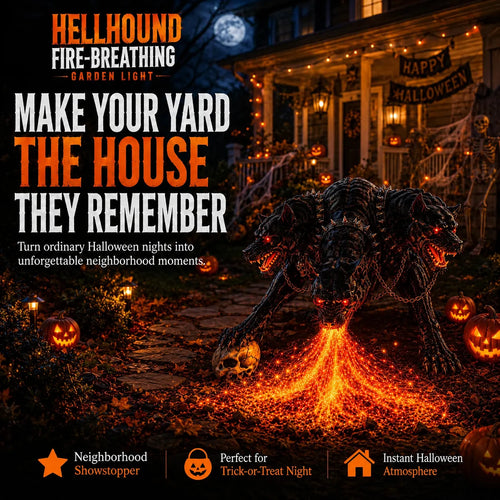 🔥 3-Headed Hellhound Halloween Light – Solar Fire-Breathing Yard Monster CUSBBY