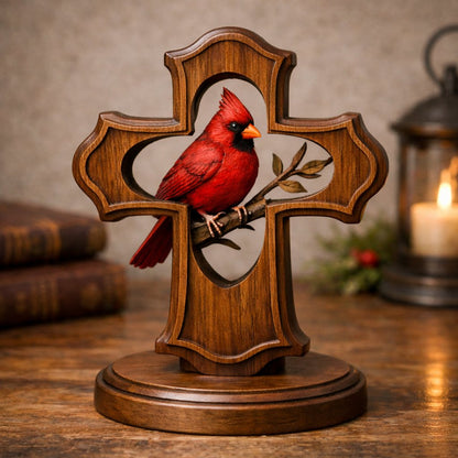 ❤️✝️Hand-carved Cardinal&Cross Christian Ornament