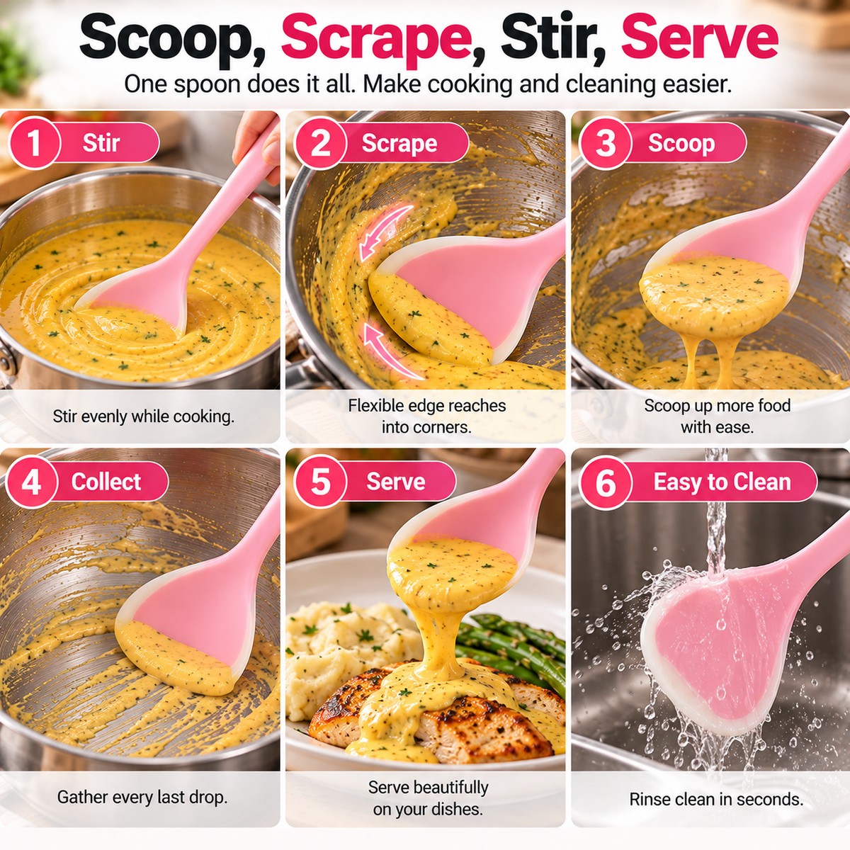 🥄 2-in-1 Silicone Scraper Ladle – Flexible Cooking Spoon for Scooping, Stirring & Scraping Every Last Drop