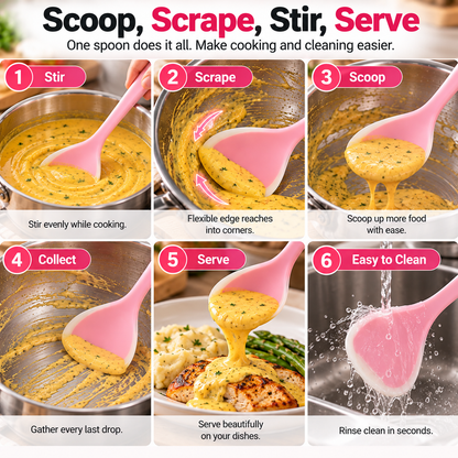🥄 2-in-1 Silicone Scraper Ladle – Flexible Cooking Spoon for Scooping, Stirring & Scraping Every Last Drop