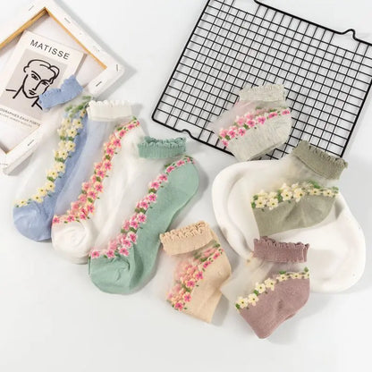 7 Pairs Womens Sheer Floral Mesh Ankle Socks – Thin Transparent Ruffle Socks for Summer, Breathable Lace Sock Set for Women & Girls