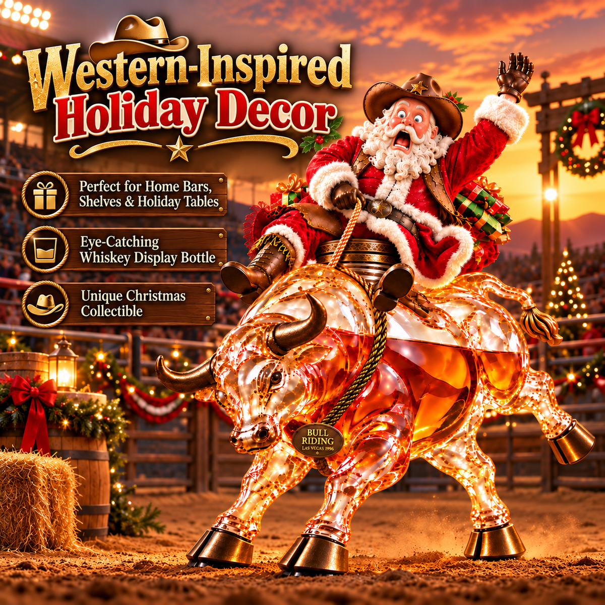 🎄🐂 Scared Santa Bull Rider Whiskey Bottle –  Unique Holiday Gift 🎁