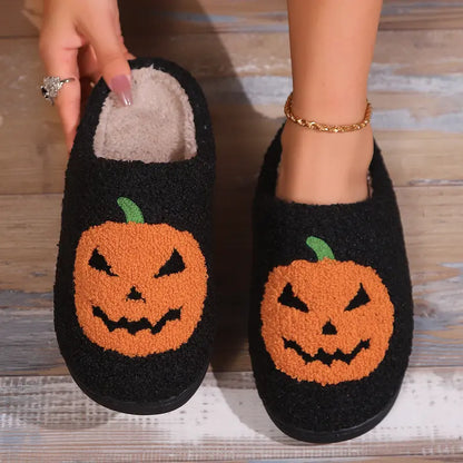 Women Men Comfy Faux Fur Lined Skull Pumpkin Plush Slippers