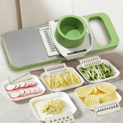Multi-shaped slicer with adjustable stainless steel blades, thin silk, coarse silk cutter, flower slicing, comfortable handle, safe design, easy to clean, suitable for various ingredients such as vegetables and seasonings.