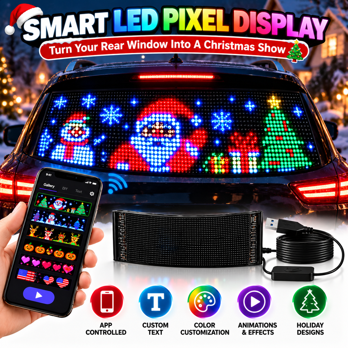 🚗 Smart LED Pixel Car Display – Custom Text, Colors & Animations