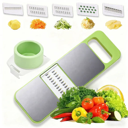 Multi-shaped slicer with adjustable stainless steel blades, thin silk, coarse silk cutter, flower slicing, comfortable handle, safe design, easy to clean, suitable for various ingredients such as vegetables and seasonings.