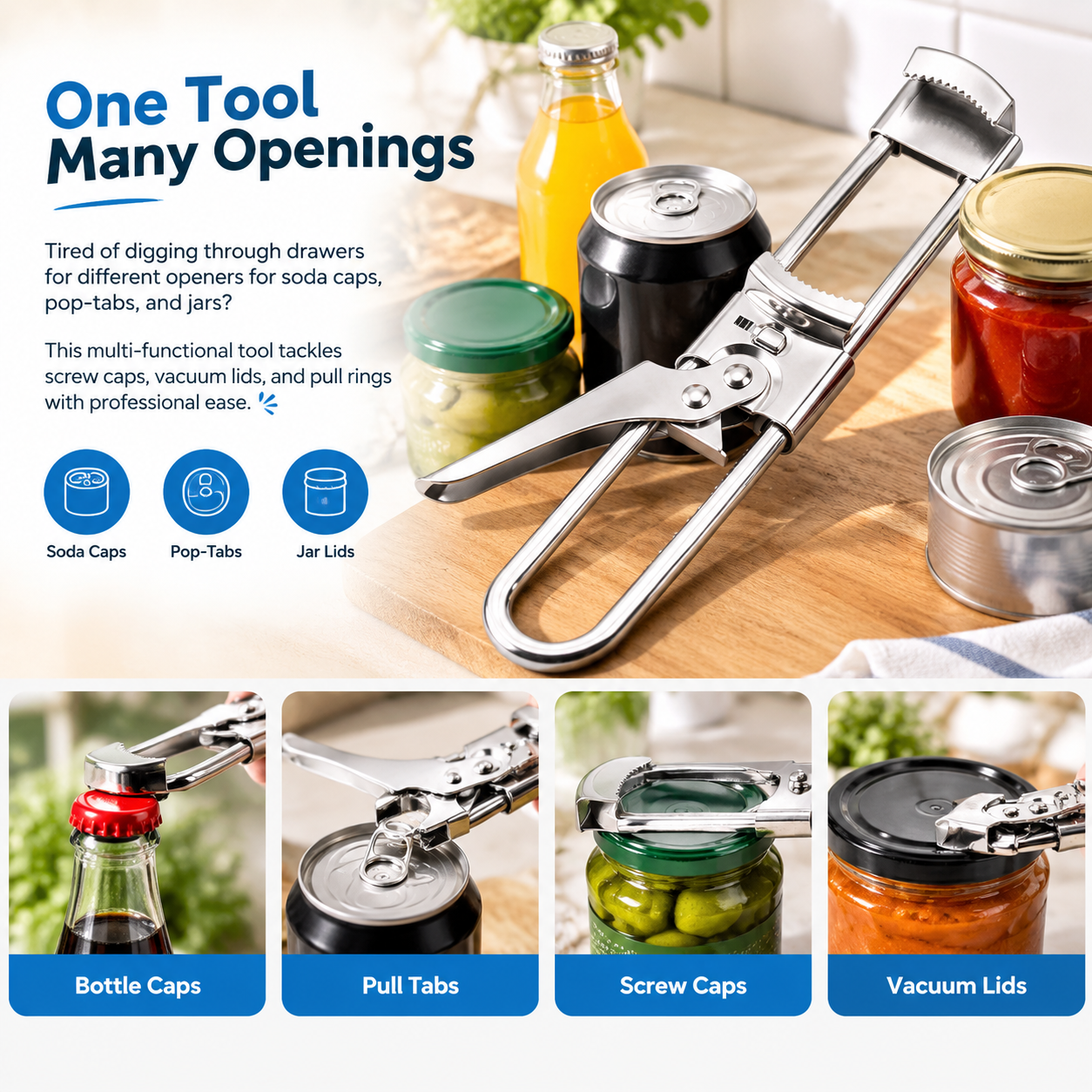 Adjustable stainless steel jar and bottle opener - product image 1