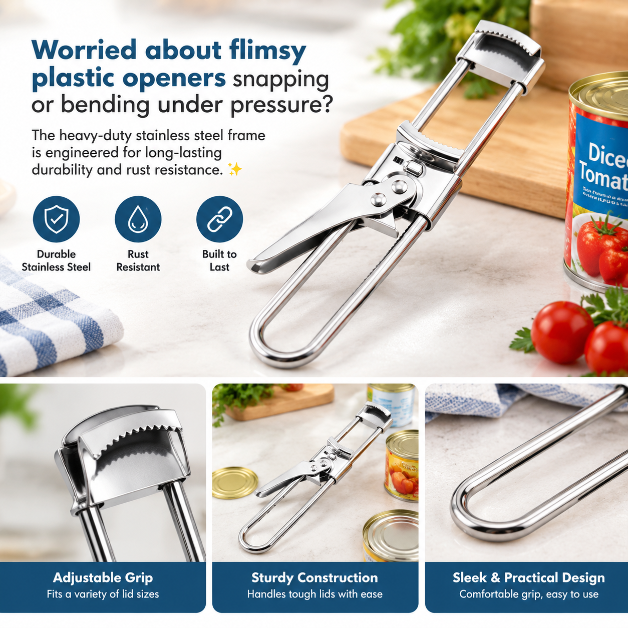 Adjustable stainless steel jar and bottle opener - product image 3