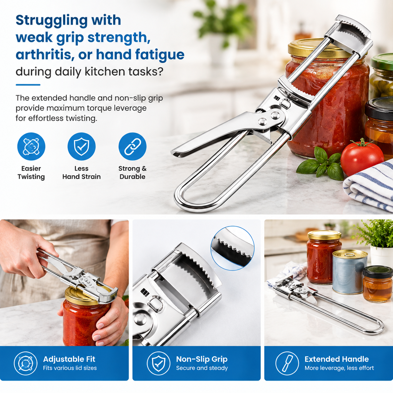 Adjustable stainless steel jar and bottle opener - product image 4