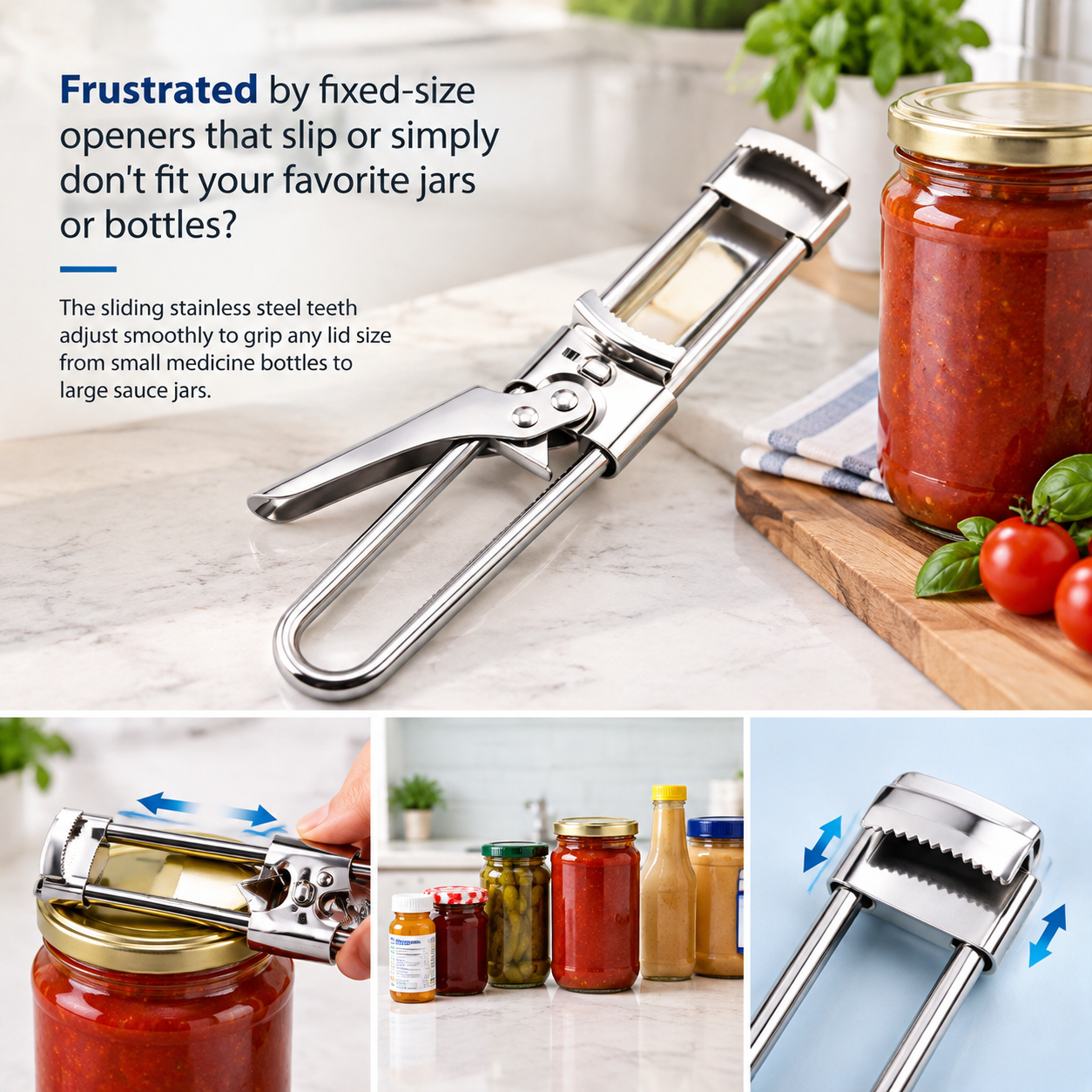Adjustable stainless steel jar and bottle opener - product image 5