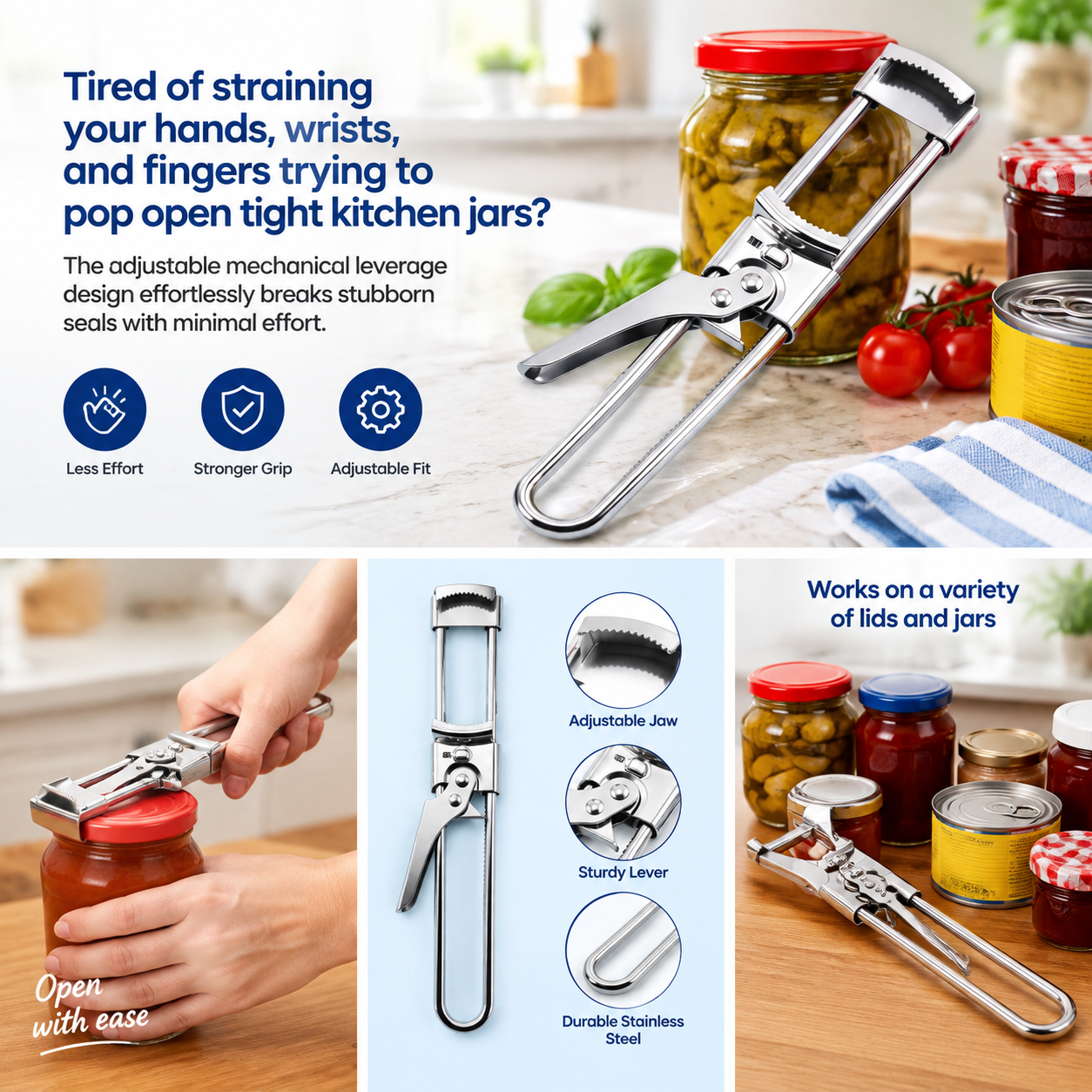 Adjustable stainless steel jar and bottle opener - product image 2