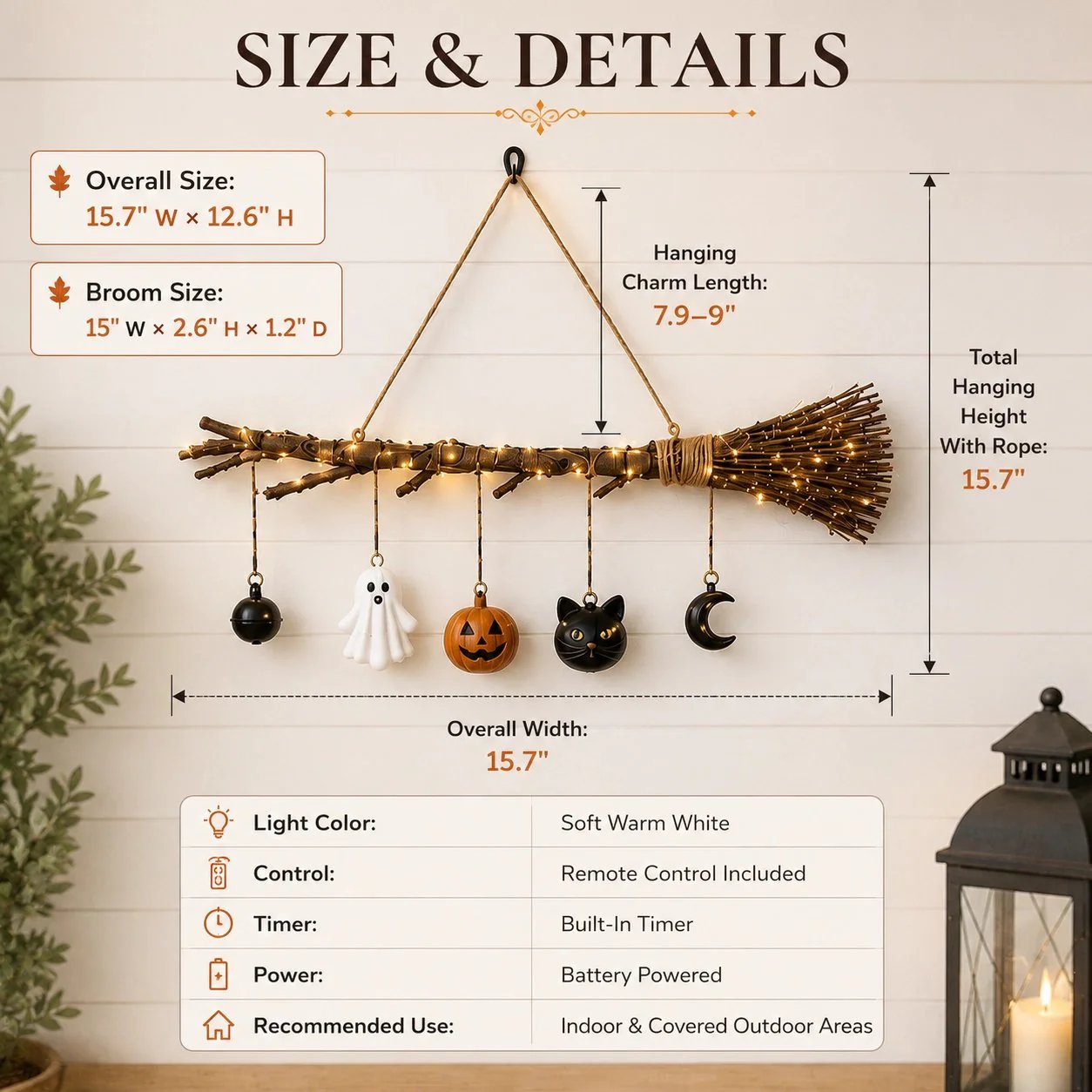 🍂 Rustic Twig Lighted Broom | Handcrafted Fall Wall Hanging with Warm LED Glow & Spooky-Cute Charms 🏡