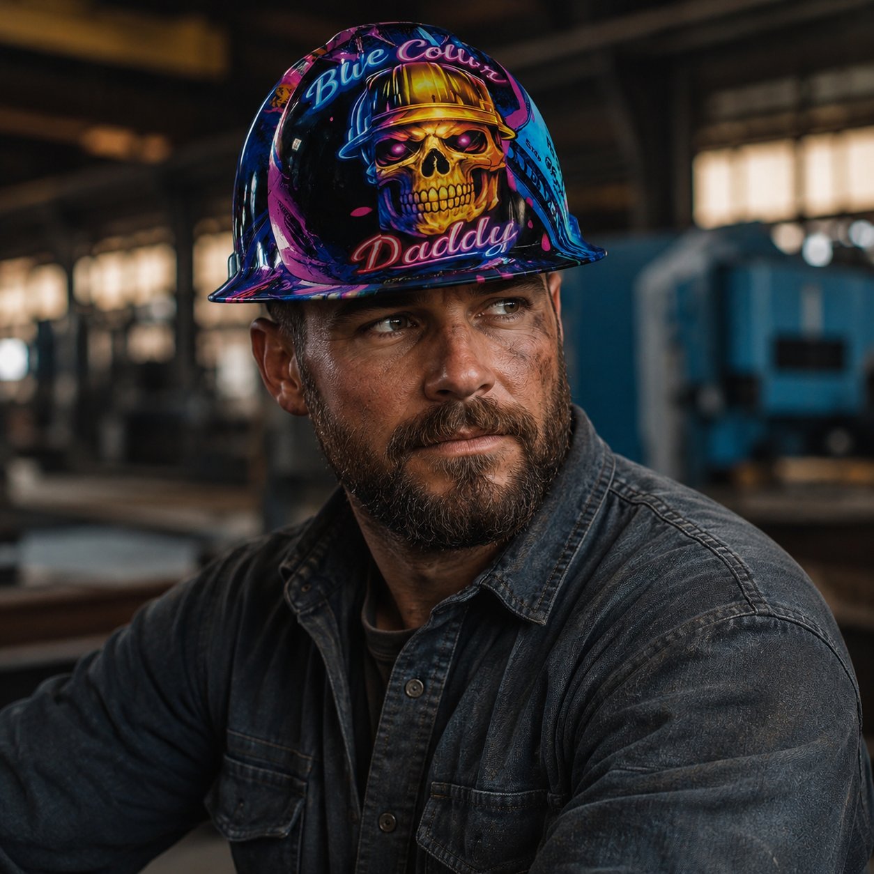 🔥 Blue Collar Daddy Hydro-Dipped Hard Hat | Industrial Rigid Impact-Resistant Safety Helmet with Full-Wrap Gloss Artwork