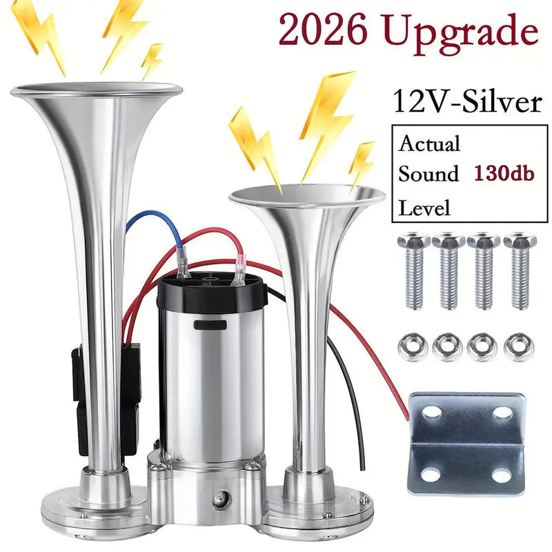 2026 Upgraded 12V 130DB High-Power Dual Air Car Horn Kit Set with Compressor
