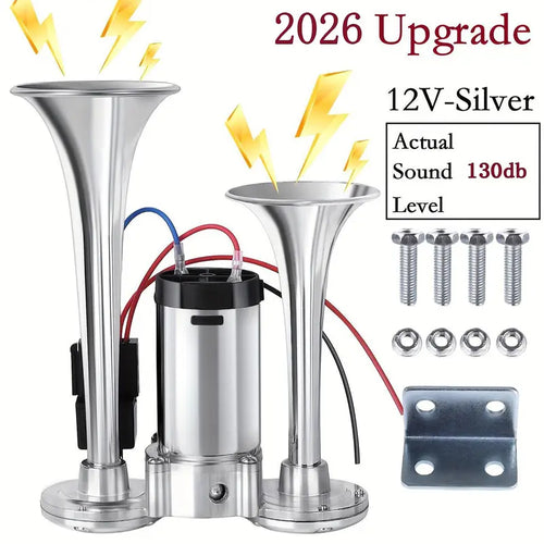 2026 Upgraded 12V 130DB High-Power Dual Air Car Horn Kit Set with Compressor