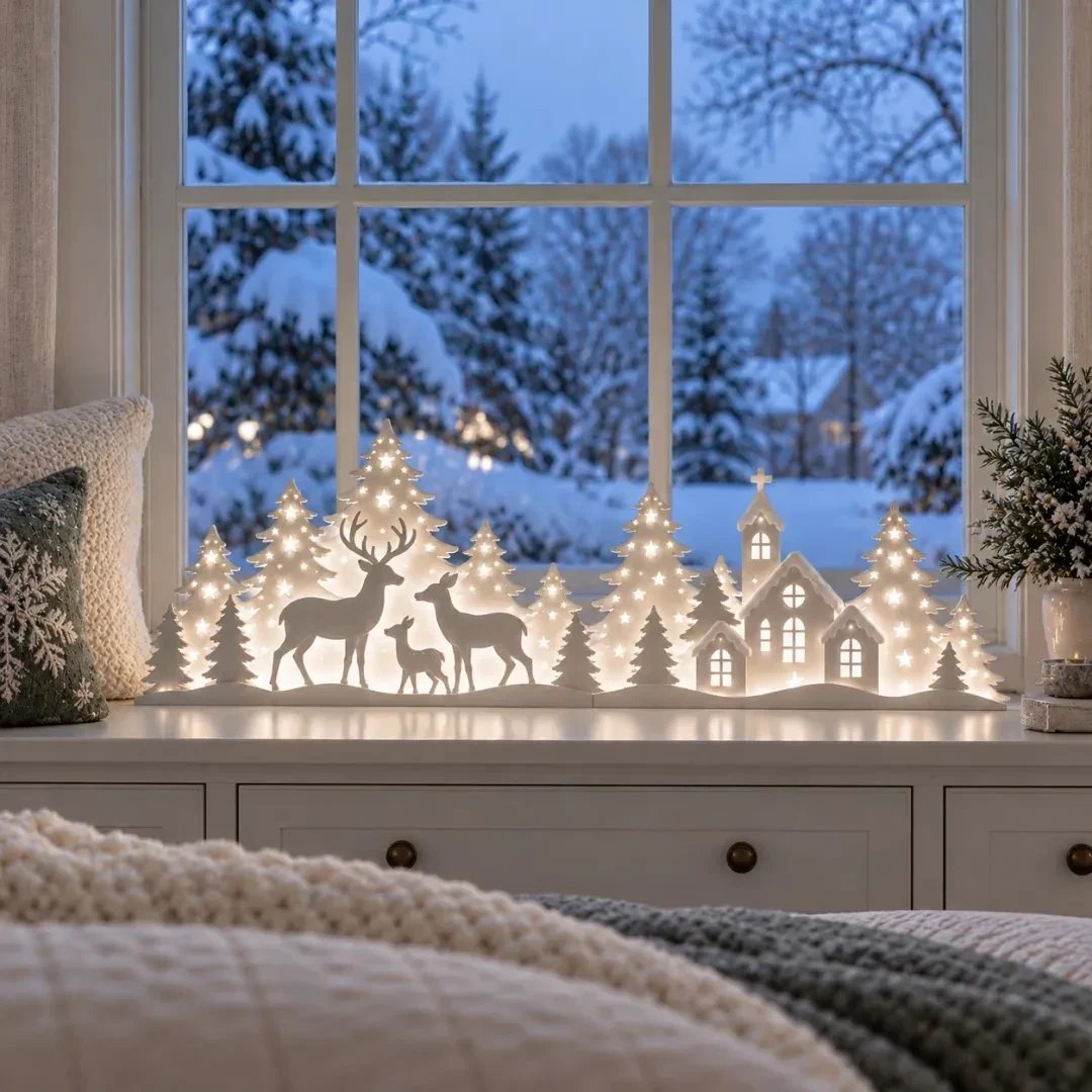 🔥🦌 LED Christmas Deer & Village Window Decor | 2-Piece Lighted Scene