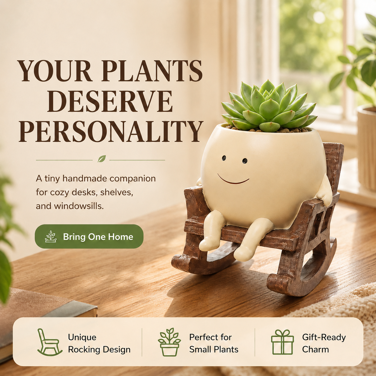 Upgrade Your Plain Boring Plant Pots | Cute Lazy Smile Character Ceramic Succulent Planter with Detachable Wooden Rocking Chair Desk Decor