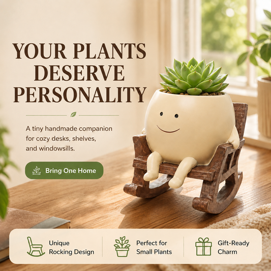 Upgrade Your Plain Boring Plant Pots | Cute Lazy Smile Character Ceramic Succulent Planter with Detachable Wooden Rocking Chair Desk Decor