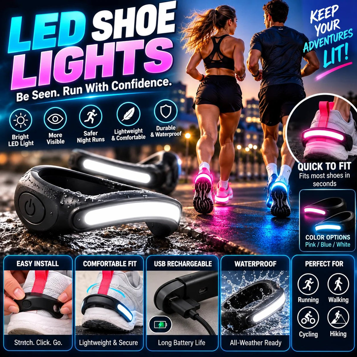 👟 LED Heel Lights for Shoes | Clip-On Running & Walking Visibility Lights, 5 Colors