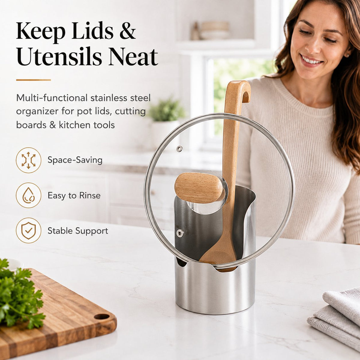🍳Limited Time Sale 50% OFF — Stainless Steel Pot Lid Holder | Multi-Functional Kitchen Organizer For Lids, Cutting Boards & Utensils
