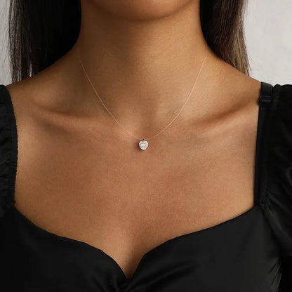 Women's Floating Cubic Zirconia Pendant Necklace on Invisible Transparent Cord