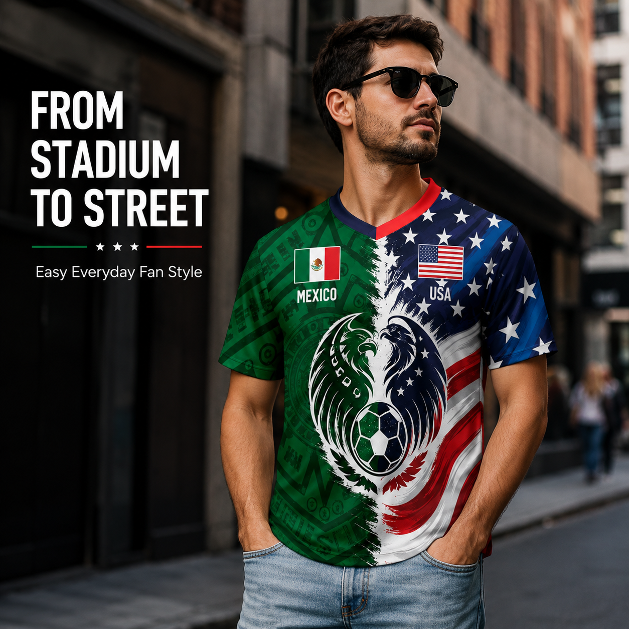 Full Half USA Half Mexico Flag Split Print Soccer Jersey