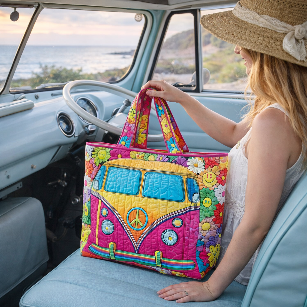 Retro Hippie Van Quilted Tote – Boho Style Meets Everyday Function 🌈🌸