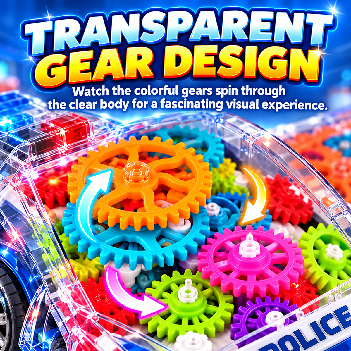 🚓 Transparent Gear Police Toy Car – Spinning Gears, LED Lights & Music