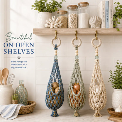 🌊 Coastal Hanging Produce Storage – Handwoven Breathable Organizer with Easy Side Access