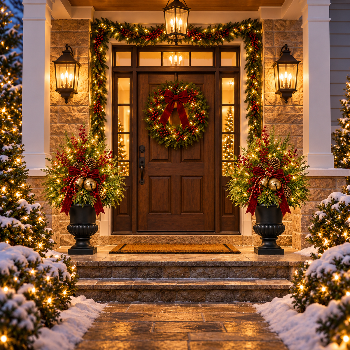 24-Inch Pre-Lit Artificial Christmas Evergreen Urn Filler with Berries, Pinecones & Vintage Bells