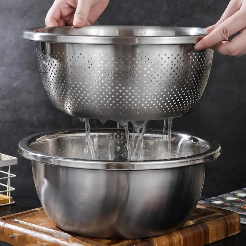 3-In-1 Stainless Steel Multi-Functional Strainer Set, Includes Basin/sieve/cutter