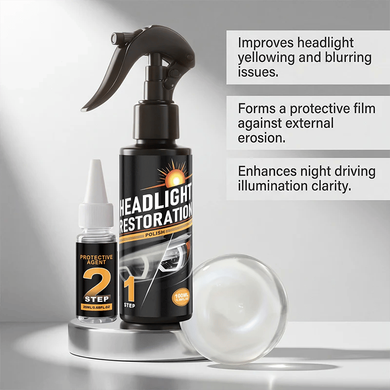 Headlight Restorer Kit – 2-Step Cleaner & UV Shield | Removes Yellow Haze, Restores Clarity