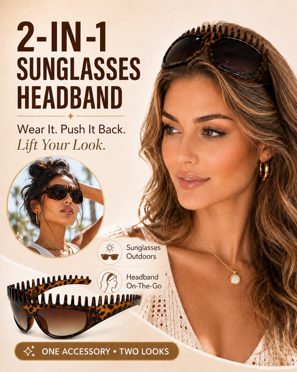 2 in 1 Foldable Sunglasses Headband Chic Tortoiseshell Hair Accessory, For Women Summer Workout Yoga Travel Daily Use