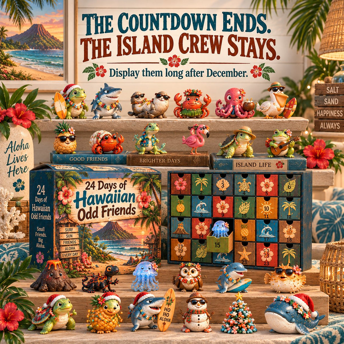 🌺 24 Days of Hawaiian Odd Friends Advent Calendar | 24 Hand-Painted Tropical Mini Figures with Daily Surprises for Hawaii Lovers, Collectors & Christmas Displays 🎄