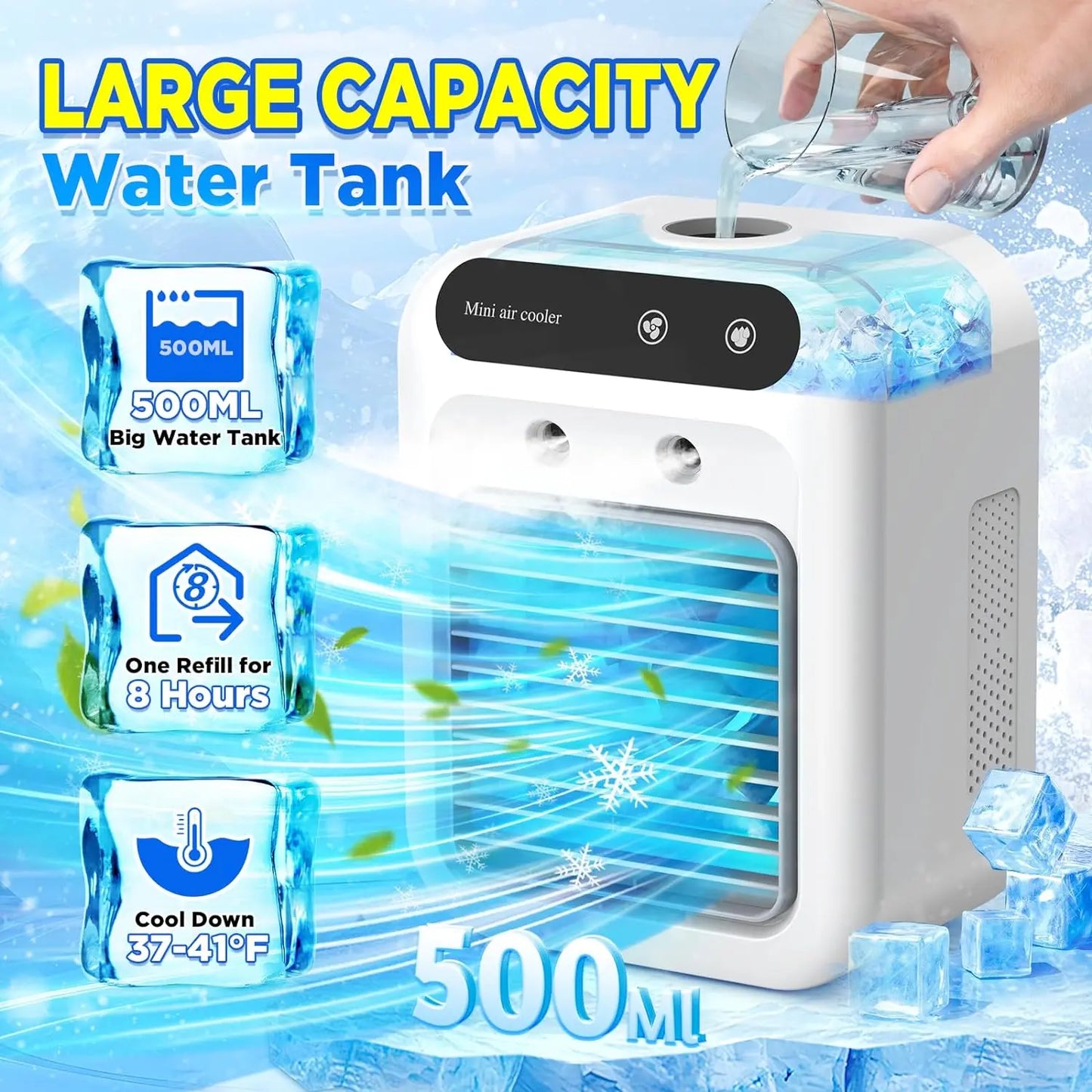 【FathersDayGift】 2026 NEW Portable Air Cooler,3-in-1 Cooling Fan with 2 Mist Speeds – Personal Evaporative Cooler for Bedroom, Office & Camping, 1800mAh Battery & 500ml Tank Portable Air Conditioner,summerwins