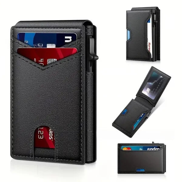 ⚡70K+ SOLD!-Wallet for Men - with Pop Up Aluminum Case Slim Leather Slots Credit Card Holder RFID Blocking Bifold Minimalist Wallet