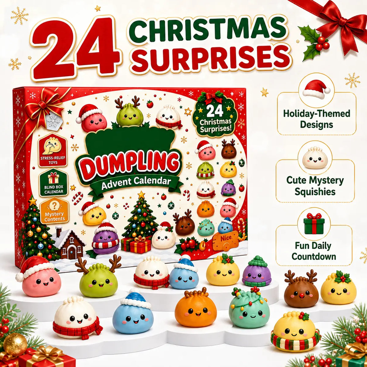 2026 Dumpling Squishy Advent Calendar - Indoor Recreation Stress Relief Toy, 24 Surprise Kawaii Mini Food Squishy Figures, Cute Christmas Countdown Holiday Gift