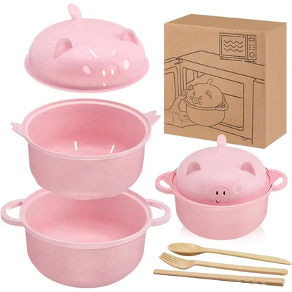 43oz (1300ml) Ergonomic Wheat Straw Microwavable Pig Ramen Cooker Bowl
