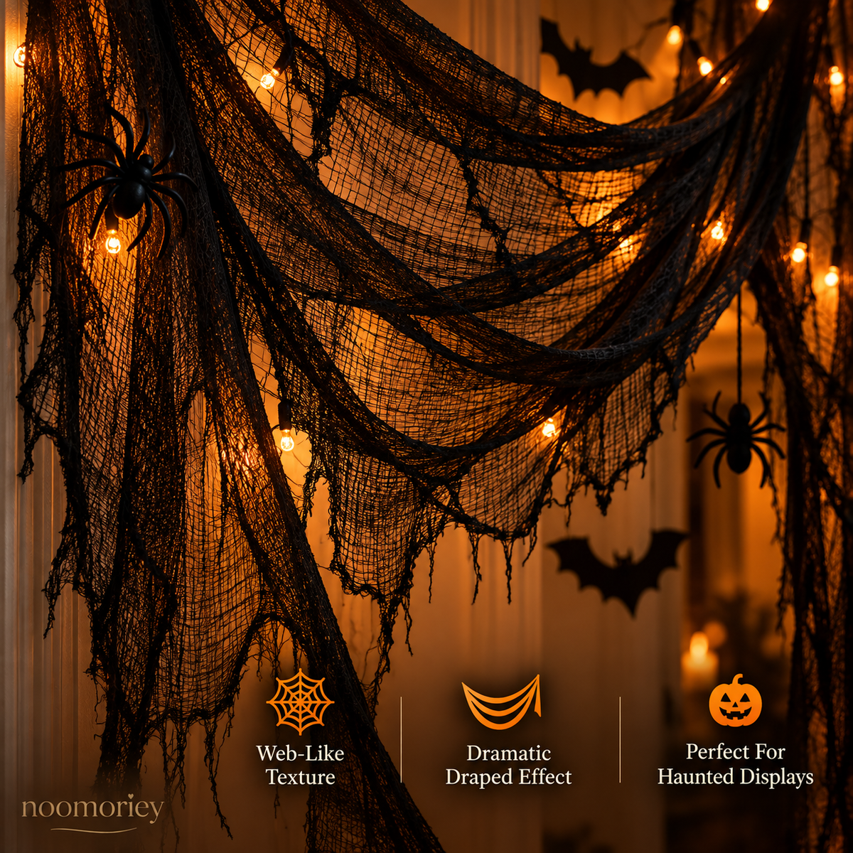 🎃 Halloween Creepy Cloth – Black Gauze Spiderweb Draping for Doorways, Stairs & Party Décor