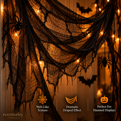 🎃 Halloween Creepy Cloth – Black Gauze Spiderweb Draping for Doorways, Stairs & Party Décor