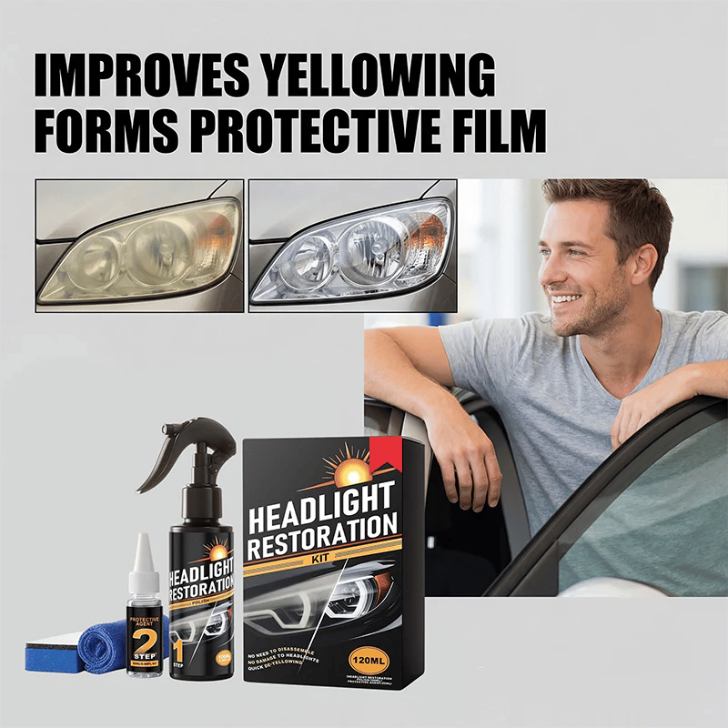 Headlight Restorer Kit – 2-Step Cleaner & UV Shield | Removes Yellow Haze, Restores Clarity