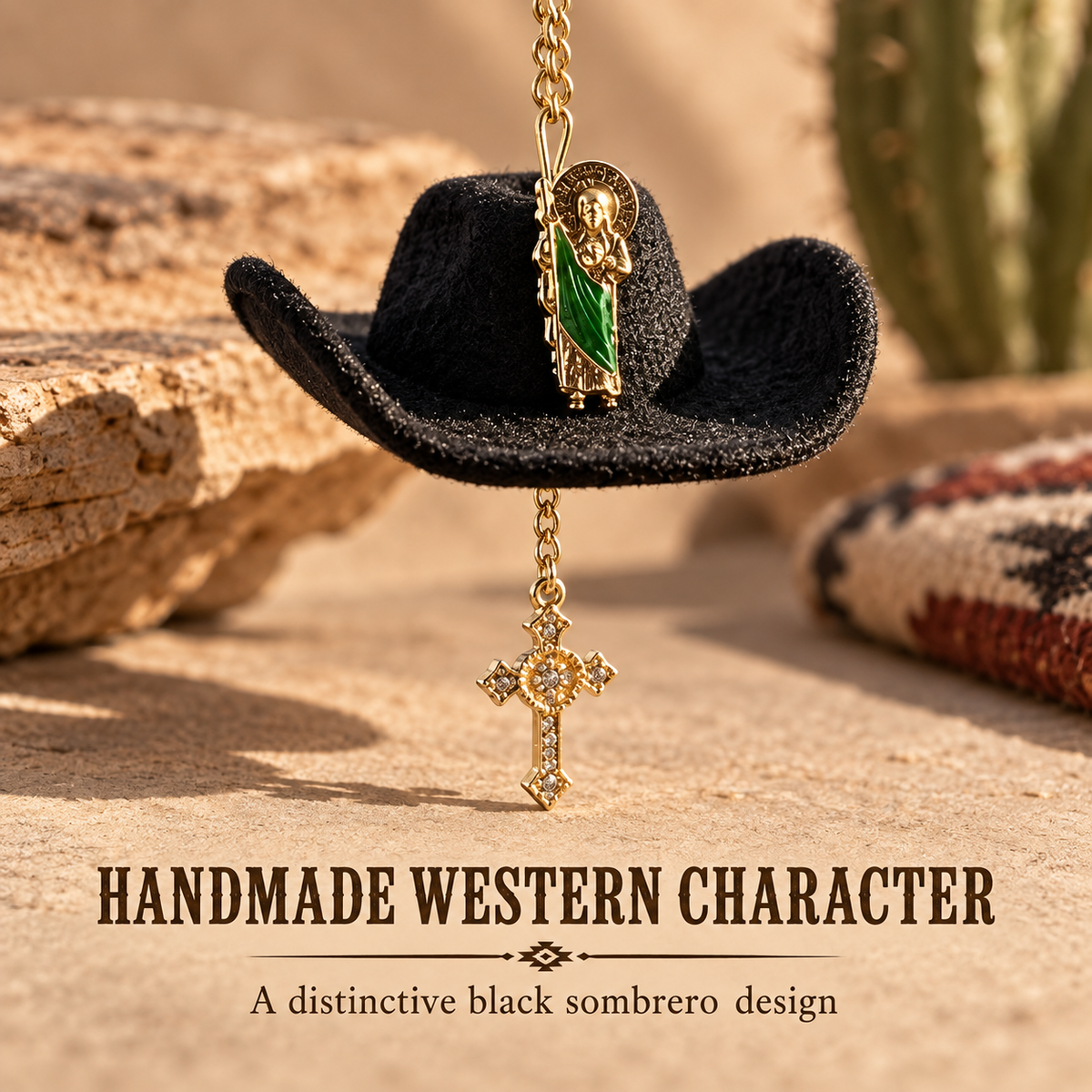 St. Jude Car Blessing Charm – Handmade Protection Ornament with Black Sombrero | Car Trinket & Decoration Gift