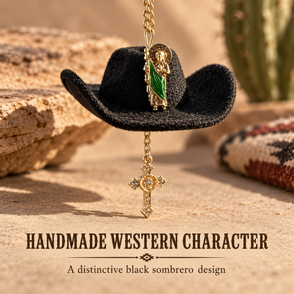 St. Jude Car Blessing Charm – Handmade Protection Ornament with Black Sombrero | Car Trinket & Decoration Gift