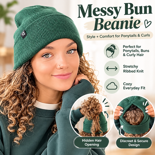 🧶 Messy Bun Beanie – Stretchy Ribbed Knit Hat with Hidden Ponytail Opening for Curly Hair & Winter Style ✨