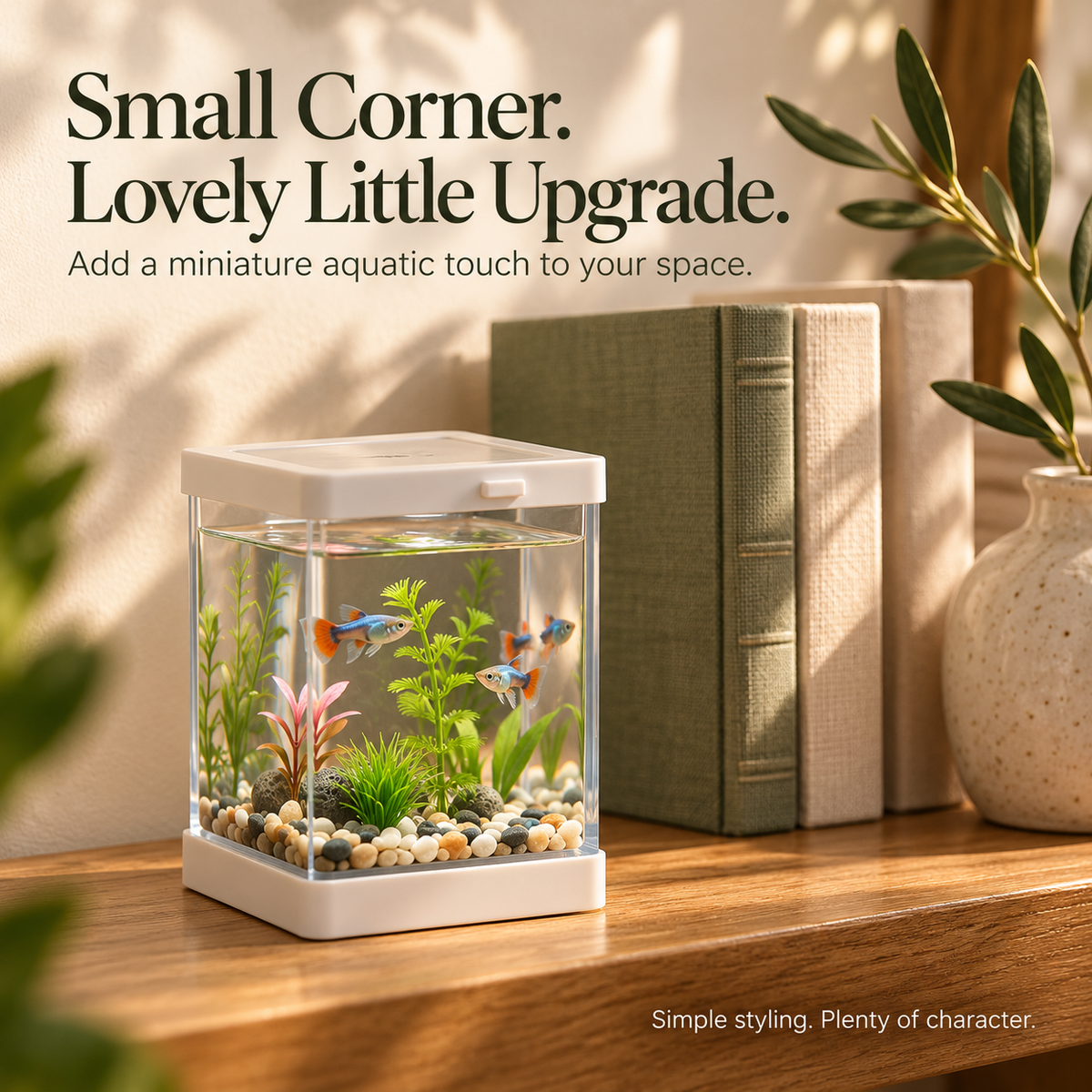 🐠🌿 Mini Desktop Aquarium Display – Clear-Sided Fish Scene with Decorative Plants, Pebble Details & Removable Top | Cozy Desk Decor ✨