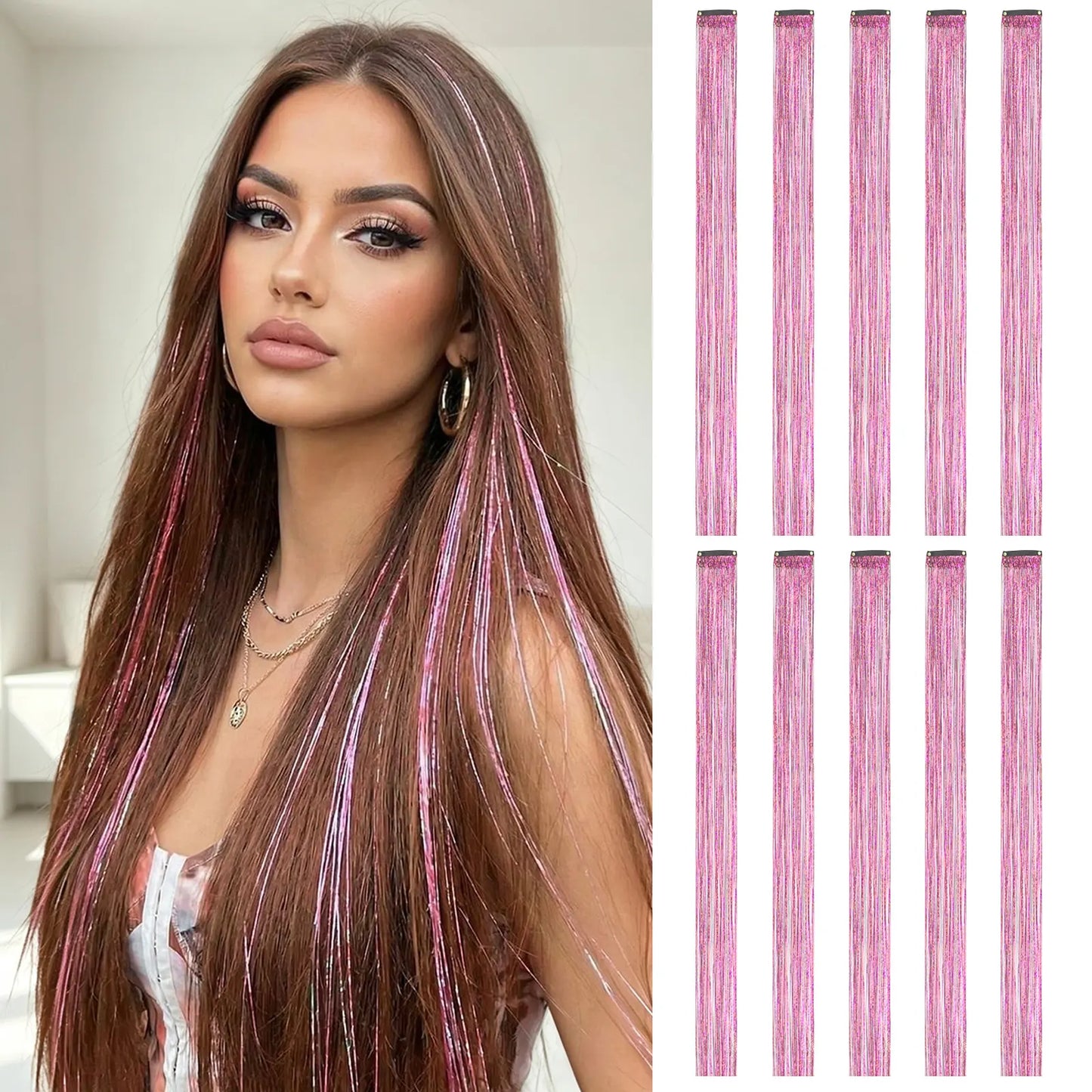 2 PCS Colored Hair Extensions 20Inch Straight Color Clip in Hair Extension Rainbow Party Highlights Synthetic Hairpiece