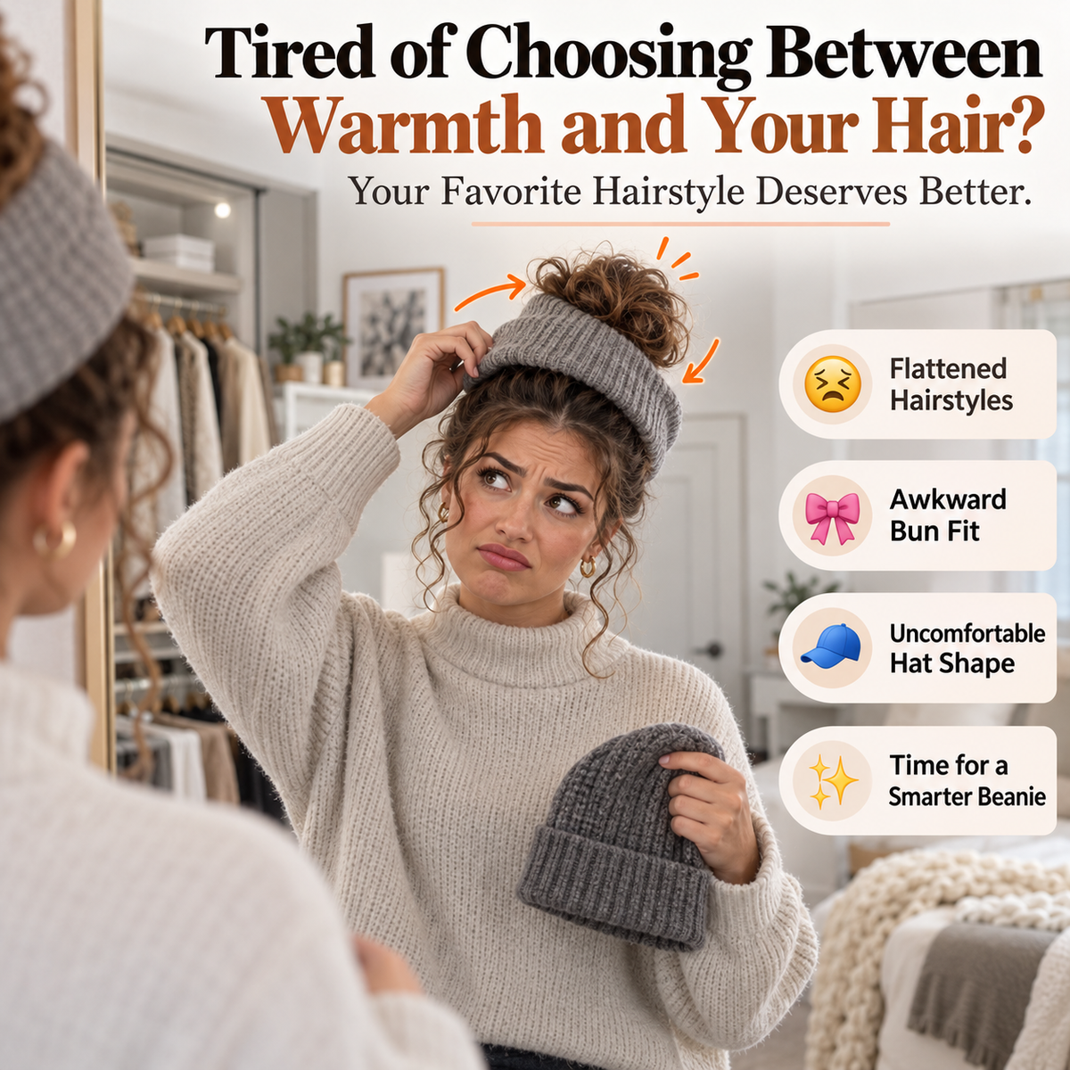 🧶 Messy Bun Beanie – Stretchy Ribbed Knit Hat with Hidden Ponytail Opening for Curly Hair & Winter Style ✨