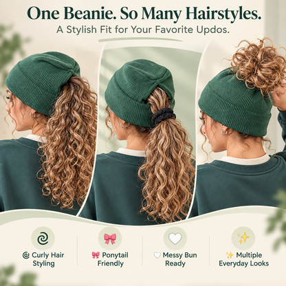🧶 Messy Bun Beanie – Stretchy Ribbed Knit Hat with Hidden Ponytail Opening for Curly Hair & Winter Style ✨